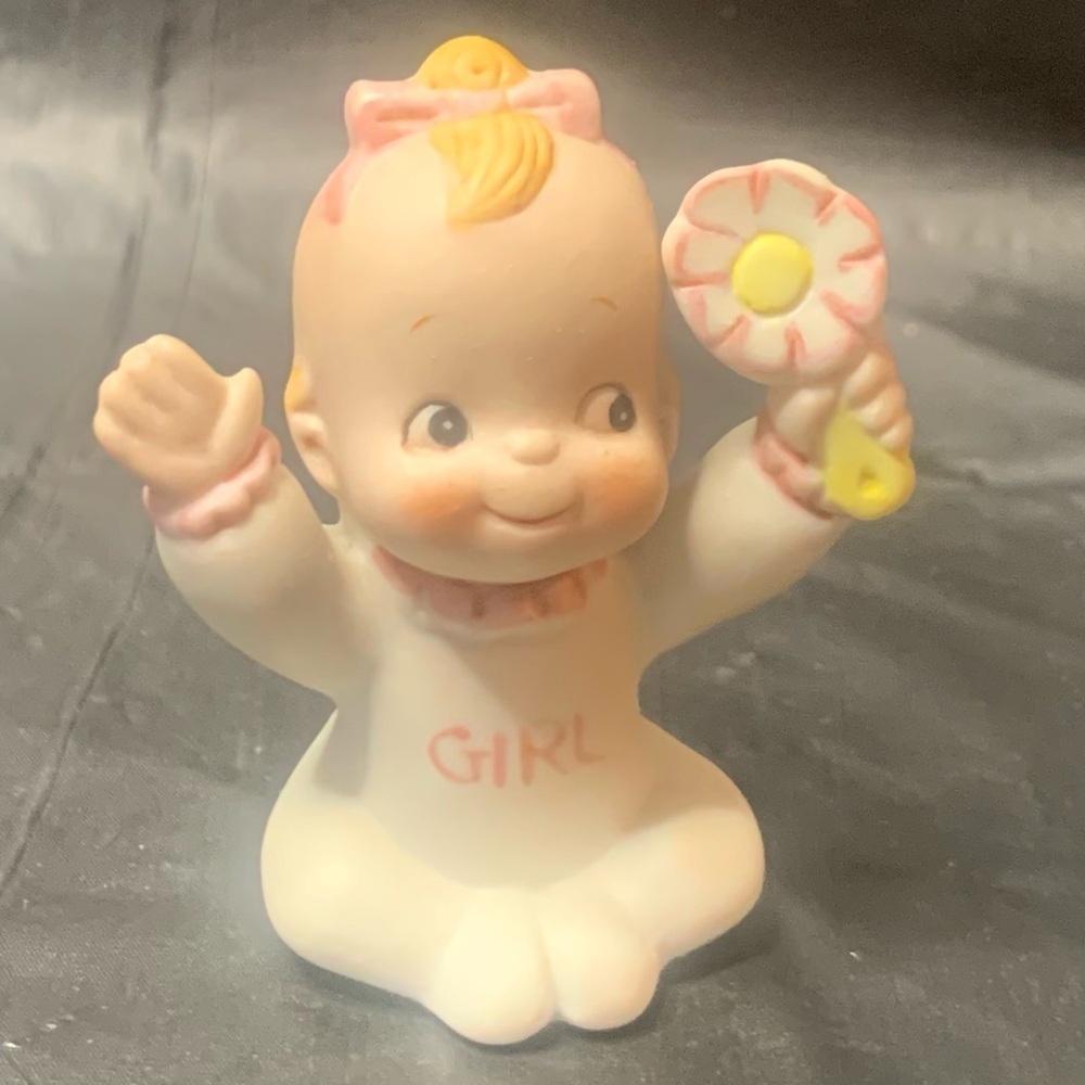 Ceramic Girl Figurine Sitting with Flower Pink and White Vintage Collectible